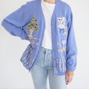 Vintage Northern Reflection Blue Cotton Knit Floral Embroidery Garden Cardigan L